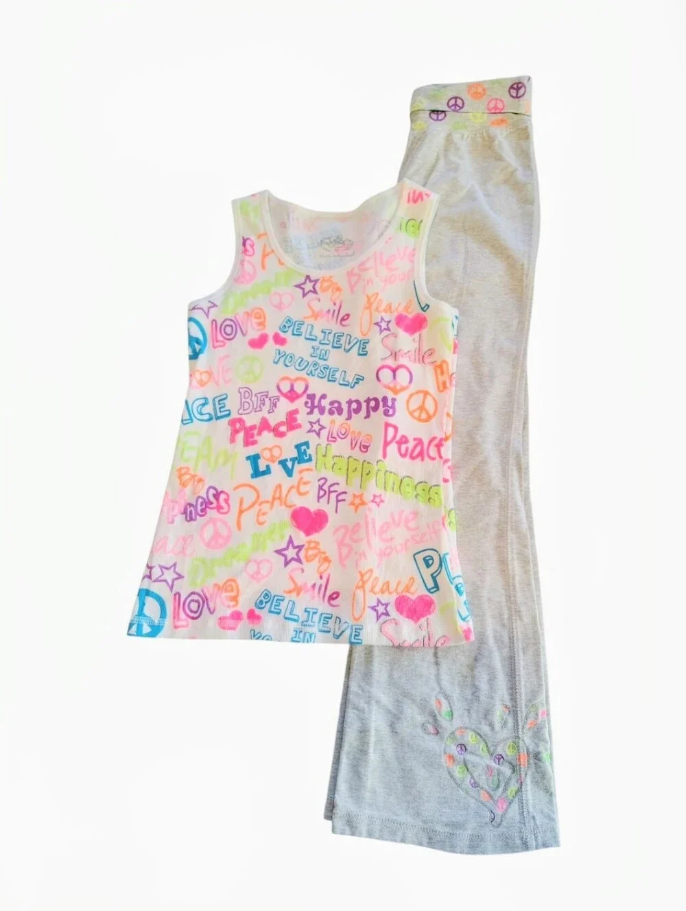 Nwot Justice Peace Love Gray Neon Color Silver Glitter Tank Pants Set Size 12